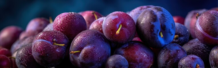 Fresh and Juicy Plums with Dew Drops on a Dark Background Capturing Natural Beauty and Vibrant Colors in a Fruit Still Life Composition