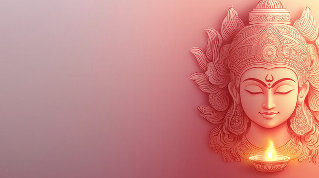 Vibrant Pink Gradient Background Featuring 2D Vector Statue of Goddess Durga Holding Diya Lamp in Corner, Spiritual Hindu Festive Design for Navratri or Durga Puja Celebration