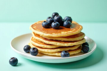Delicious Blueberry Pancakes in Cozy Breakfast Corner: Clean Food Photography with Soft Lighting