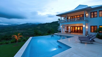 Fototapeta premium Luxurious home with a pool overlooking a mountain vista.