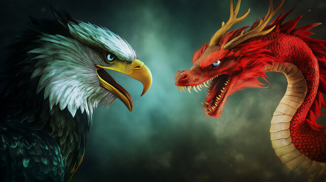 Profile view of an eagle and a dragon facing each other, concept of the US-China trade war