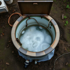 Overflowing septic tank of a country house, open hatch, top view