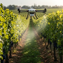 Drone Spraying Vineyard with Green Rows and Ripe Grapes