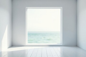 Serene coastal view from a minimalist room with white walls and a gleaming wooden floor