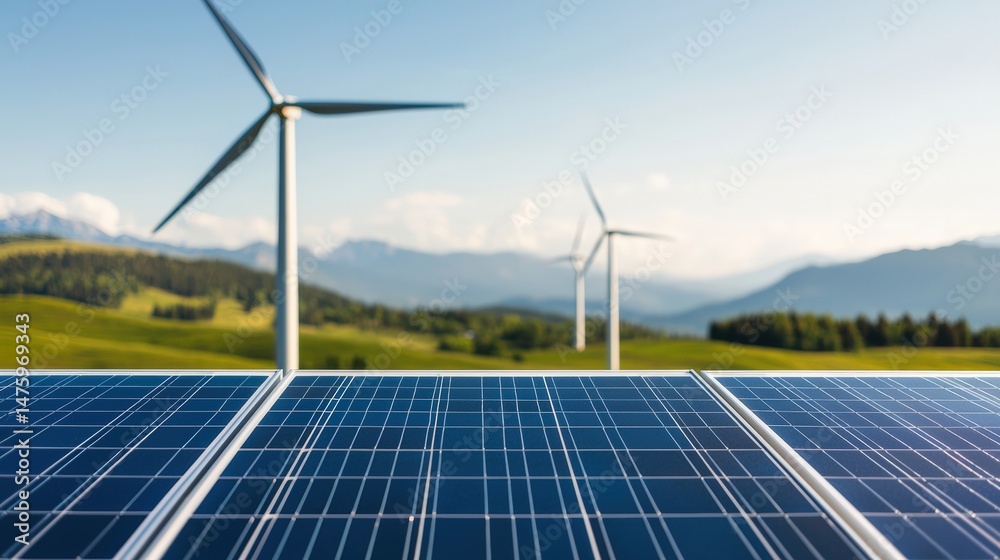 Aufkleber Solar panels in the foreground with wind turbines and mountains in the background generating clean energy