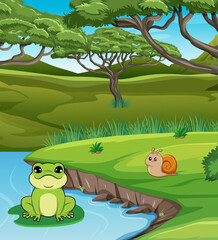 a scene in a small pond with frogs