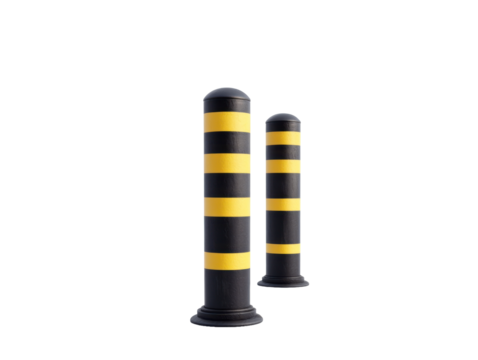 Pair of yellow and black traffic bollards isolated on white background
