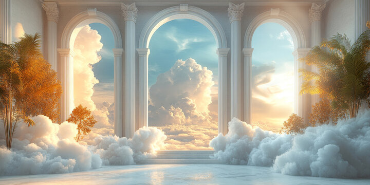Luxury White Marble Hall with Classical Columns and Soft Cloudscape &ndash; Heavenly Temple Architecture in Blue Sky Fantasy Scene with Dreamy Sunlight. Wedding Inteior. Palace Interior background	