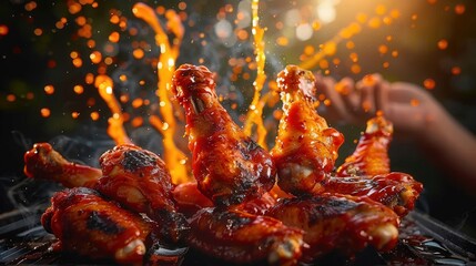 Close-up view of juicy, grilled chicken wings, covered in a flavorful sauce.
