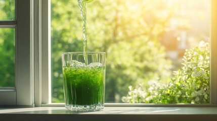 A glass of water with a greenish liquid is being poured from the top, standing on an office window sill against the backdrop of spring nature outside the windows. 