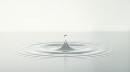 A single drop of liquid impacting a still surface, creating concentric ripples that radiate outward, a minimalist study in fluid dynamics and surface tension