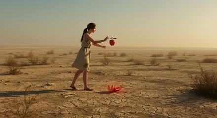 Woman tossing apple in desert landscape