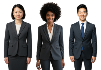 Three diverse young adult business professionals, two women and one man, wearing grey and dark grey suits, smiling and standing against a transparent background in a studio portrait.