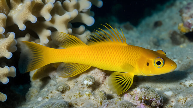 Golden goby or Yellow-headed goby (Gobius xanthocephalus) Ghiozzo (Gobius xanthocephalus). Hiding nearby anemonia tentacles Capo Caccia, Alghero, Sardinia, Mediterranean sea. Italia