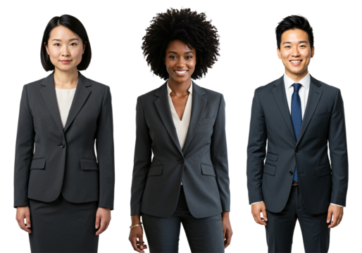 Three diverse young adult business professionals, two women and one man, wearing grey and dark grey suits, smiling and standing against a transparent background in a studio portrait.