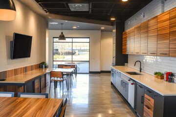 Modern shared kitchen and dining area with a view