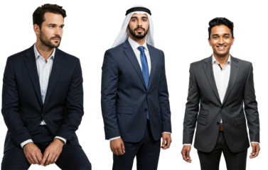 Three diverse professional men, including Caucasian, Middle Eastern, and South Asian individuals, wearing business suits and traditional attire, standing and sitting against a transparent background.