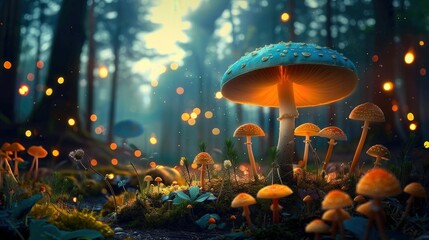 Whimsical forest scene featuring glowing mushrooms and enchanting bokeh lights, full of wonder.