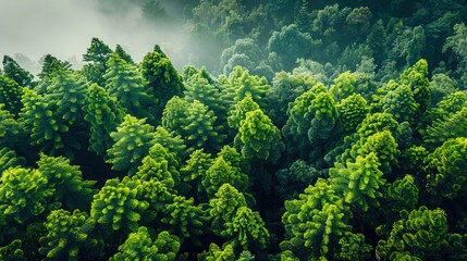 Overhead perspective of lush green trees in a dense forest landscape, enveloped in soft fog.