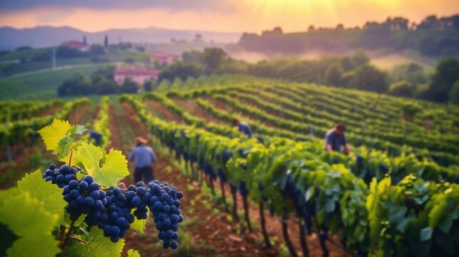 A picturesque vineyard basked in the golden hues of sunset, ready for harvest, with diligent workers.