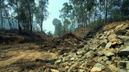 Forest clearing reveals a landscape of destruction.