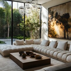 Minimalist home interior design of modern living room with lush green outdoor view, white sectional sofa, and sleek wood coffee table.
