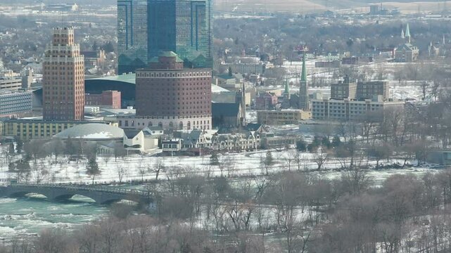 Buildings of the city of Niagara Falls, New York, United States during a cold winter day in February, 2014. As viewed from a high point on the Canadian side of the border along the Niagara River.