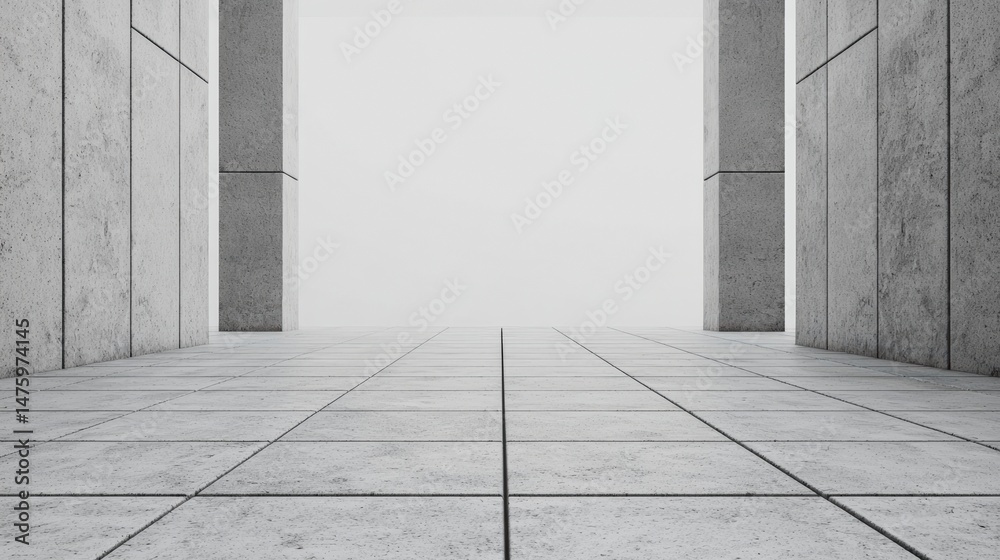 Poster Minimalist futuristic architecture featuring a vast empty concrete floor seamlessly blending into an endless white sky
