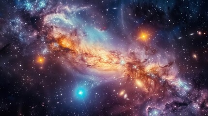 Naklejka premium Beautiful swirling galaxy showcases a vibrant, colorful display of stars and celestial wonders.