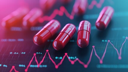 Colorful Red Capsules on Digital Background with Graphs and Data Visualization for Health and Medicine Concepts
