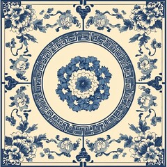 Fototapeta premium Blue and white porcelain style floral pattern tiles