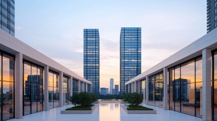 Obraz premium Glass skyscrapers towering over a modern plaza at sunset, reflecting the vibrant urban landscape in their sleek facades