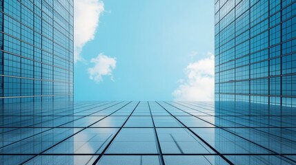 Modern glass skyscrapers towering over a minimalist plaza create a futuristic urban landscape, ideal for corporate branding visuals