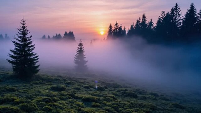 Misty forest landscape at sunrise with soft light. Ideal for nature themes, peaceful visuals, and atmospheric backgrounds. Ethereal, tranquil.