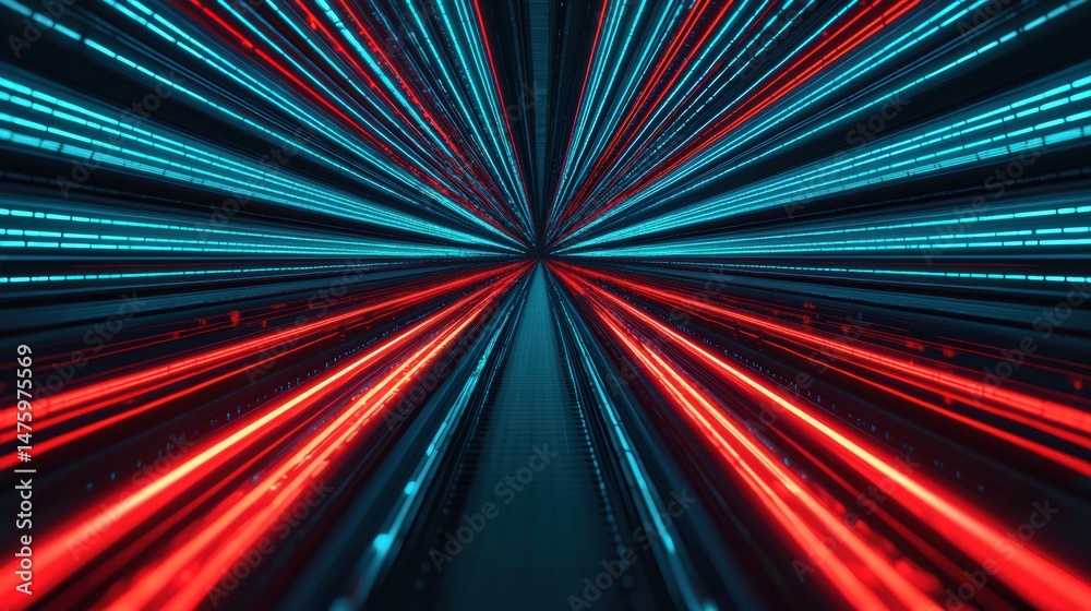 Poster red and blue glowing lines converge in a futuristic virtual environment, symbolizing dynamic high-sp