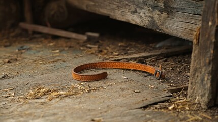 A single sheepdog collar lying on the farm porch.