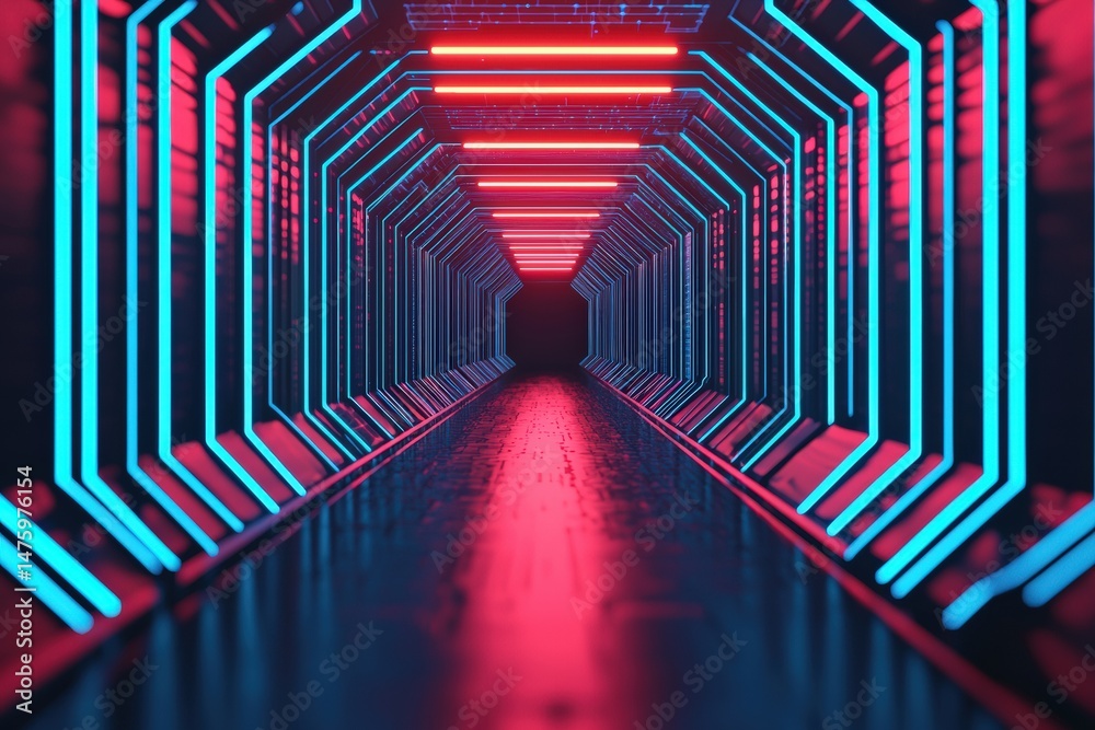 Aufkleber Futuristic neon lit corridor with vibrant blue circuits and dynamic data flow, creating a captivating sci fi atmosphere
