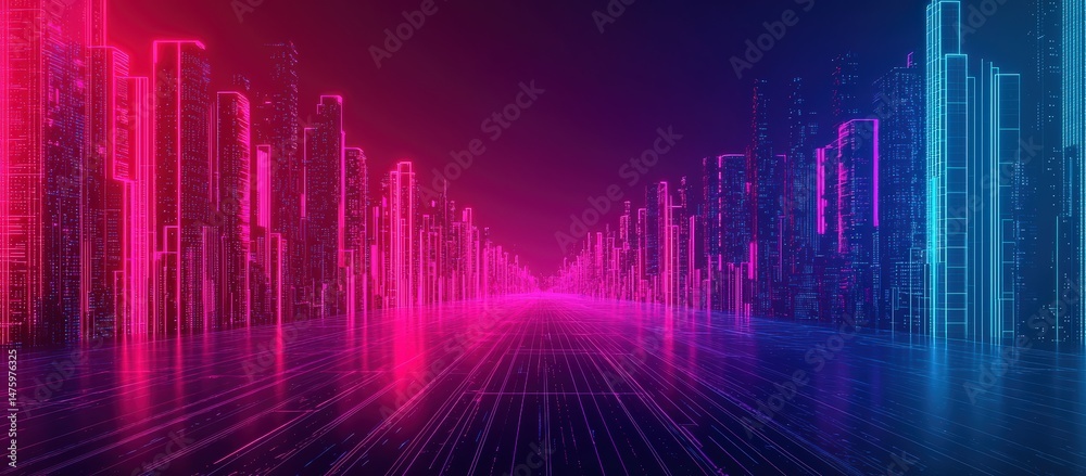 Poster futuristic cyberpunk cityscape with glowing neon buildings lining an empty road, creating a vibrant 