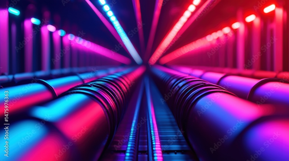 Leinwandbilder Glowing neon lights illuminate rows of pipes in a futuristic data core, creating a vibrant and technologically advanced atmosphere