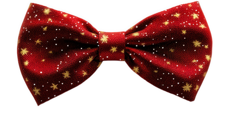 A vibrant red bow tie featuring a pattern of golden stars and tiny white specks, suitable for the holidays.