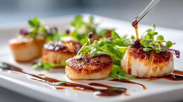 Modern restaurant plating guava dish with microgreens elegance