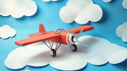 A single toy airplane resting on a cloud-shaped play mat, with paper clouds surrounding it.