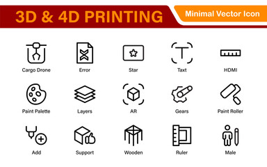 3D and 4D Printing Icons – Outline, Vector, and Line Art Illustrations for Printing Tech, Prototyping, Design, Engineering, and Innovation Projects