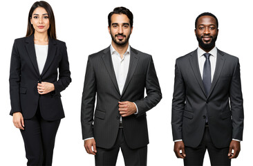 Studio portrait of a diverse group of three young adult business professionals, including one woman and two men, wearing formal suits against a transparent background.