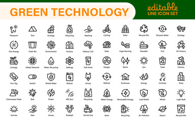 Modern Green Technology Sustainability Icons – Outline, Line Art, and Vector Illustrations for Clean Energy, Recycling, Nature Conservation, and Digital UI