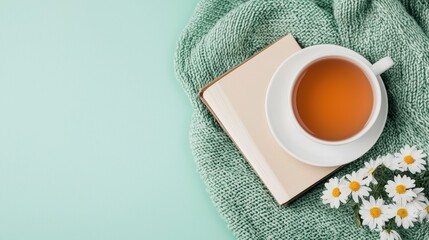 Cozy Tea Moment with Open Book, Soft Knit Blanket, and Fresh Daisies on Mint Background for Relaxation
