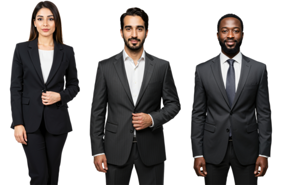 Studio portrait of a diverse group of three young adult business professionals, including one woman and two men, wearing formal suits against a transparent background.