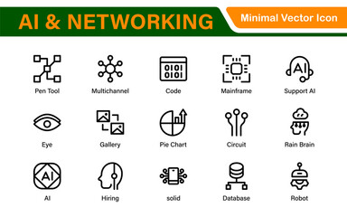 Artificial intelligence and Networking technology icon set. AI and networking editable line icon illustration.