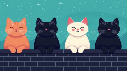 Colorful Cartoon Cats Sitting on a Wall Against a Starry Night Sky with a Playful and Whimsical Atmosphere