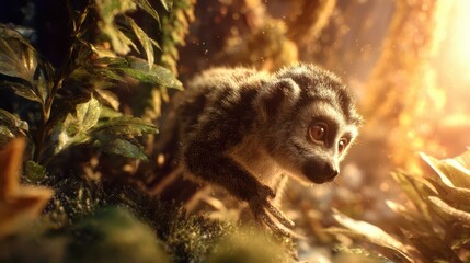 Obraz premium Close-up view of a small, furry animal in a lush forest setting.